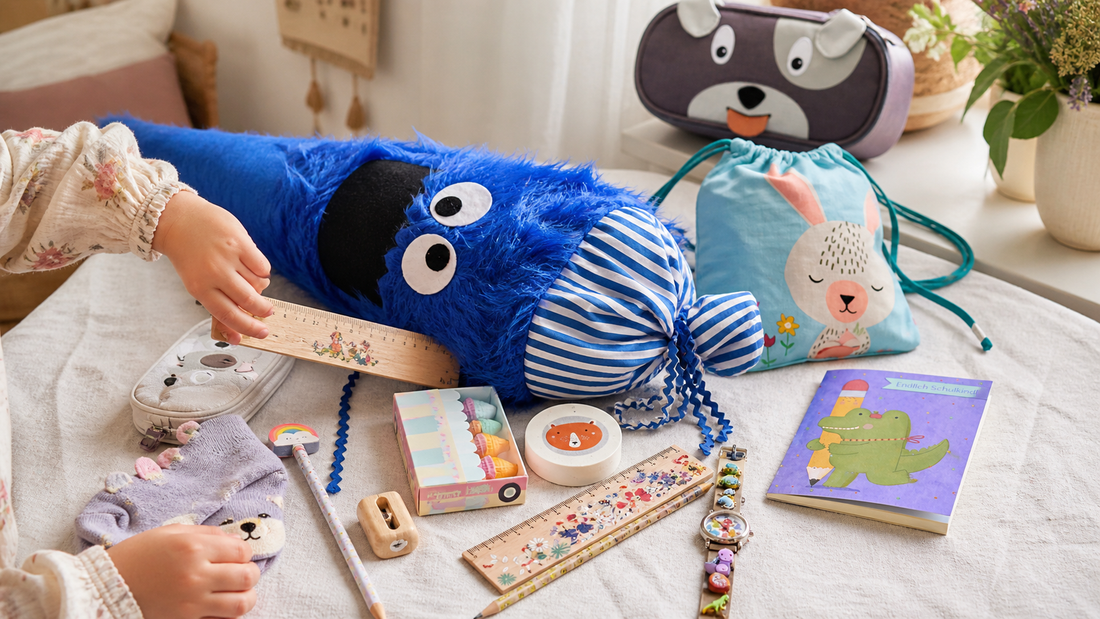 Blaue Monster-Schultüte mit nachhaltiger Füllung aus Schulzubehör und kleinen Geschenken in natürlicher, heller Umgebung