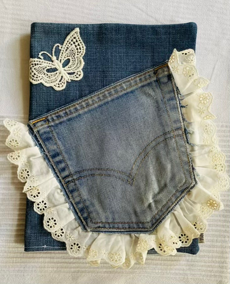 Buchhülle "Recycled"aus Jeans Stoff für Bücher & Notizbücher Tulipas handmade