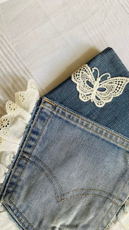 Buchhülle "Recycled"aus Jeans Stoff für Bücher & Notizbücher Tulipas handmade
