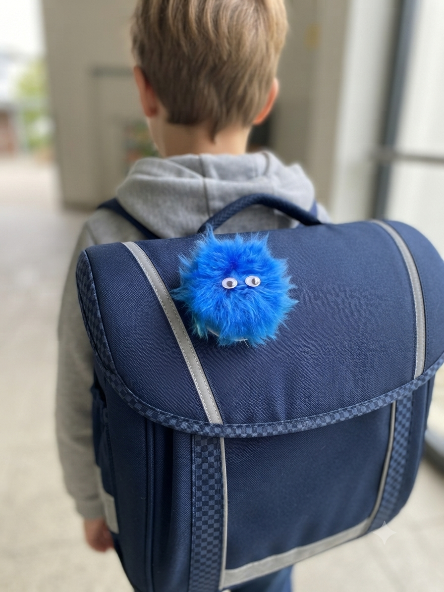 Flauschiger Monster-Pin "Blue Fuzz" – Einzigartiges, handgefertigtes Accessoire für Schulranzen und Rucksäcke Tulipas handmade