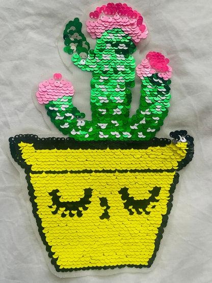 XL Pailletten Aufnäher Kaktus im gelben Topf – Funkelnder Patch für Schultüten, Jeansjacken & DIY – Glitzer Applikation Kawaii – 22 cm Tulipas Berlin