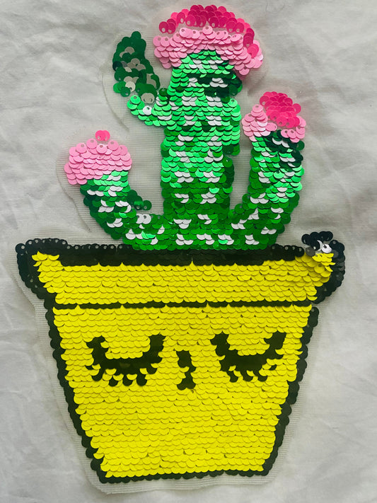 XL Pailletten Aufnäher Kaktus im gelben Topf – Funkelnder Patch für Schultüten, Jeansjacken & DIY – Glitzer Applikation Kawaii – 22 cm Tulipas Berlin