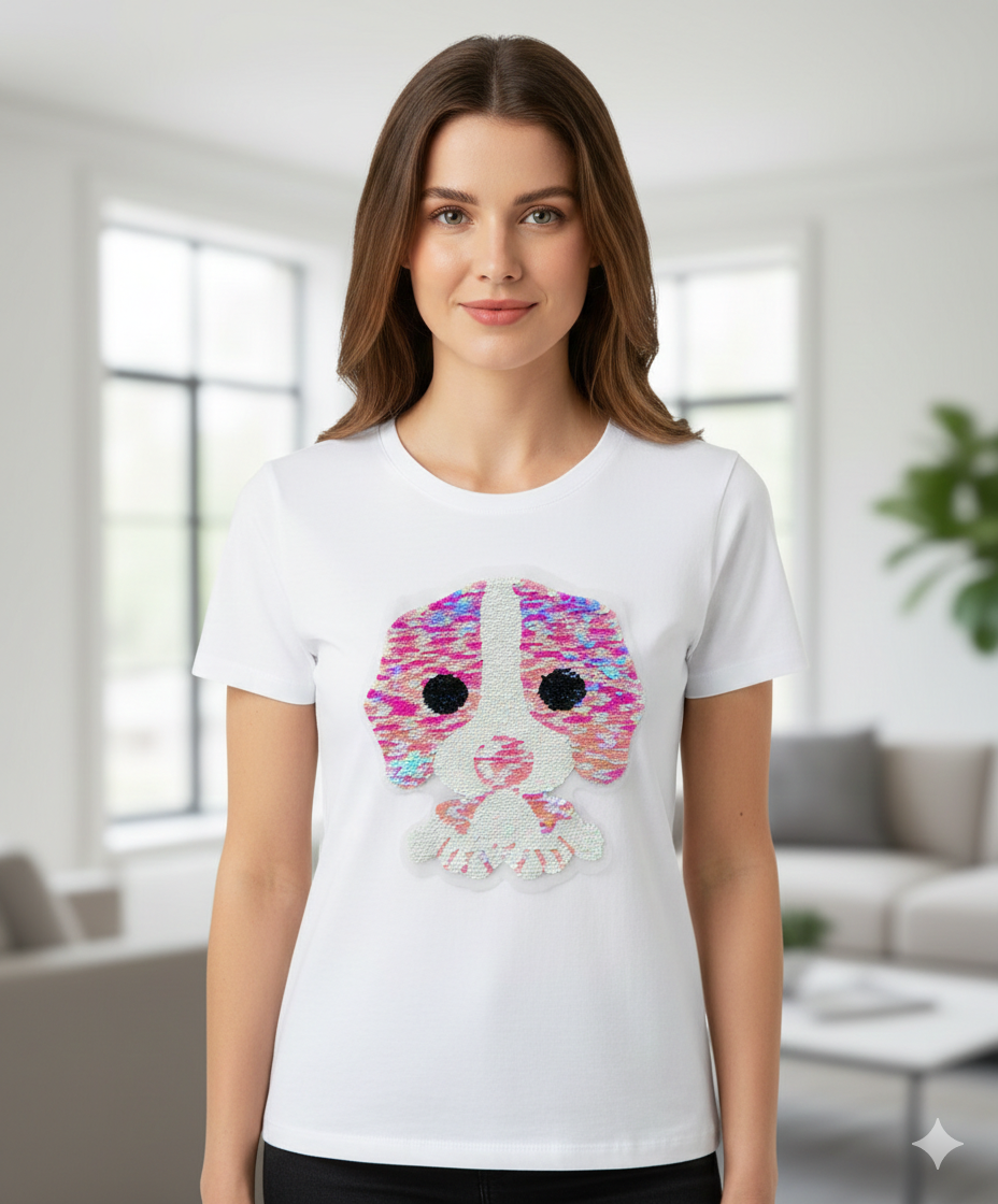 XL Pailletten Aufnäher Mops – Süßer Hund Patch in Pink & Weiß – Funkelnde Applikation für Jeansjacken, Schultüten und DIY – 22 x 20 cm Tulipas Berlin