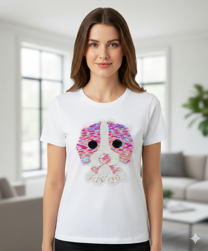 XL Pailletten Aufnäher Mops – Süßer Hund Patch in Pink & Weiß – Funkelnde Applikation für Jeansjacken, Schultüten und DIY – 22 x 20 cm Tulipas Berlin