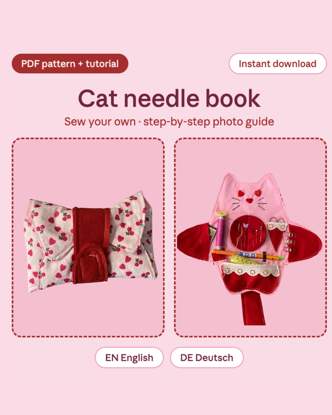 Katzen Nähetui Schnittmuster PDF – Anfänger-Anleitung Schritt für Schritt – DIY Nadelbuch & Reisenähset, sofort downloaden Tulipas Berlin