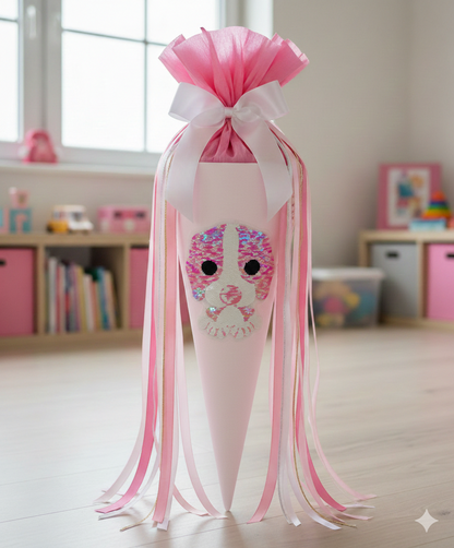 XL Pailletten Aufnäher Mops – Süßer Hund Patch in Pink & Weiß – Funkelnde Applikation für Jeansjacken, Schultüten und DIY – 22 x 20 cm Tulipas Berlin